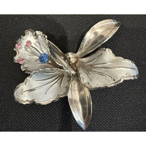 Orchid Brooch Pin Silver Tone Pink Blue Rhinestone Flower 1940s Vintage